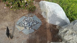 Water is represented with using tumbled stones in a walkway.
